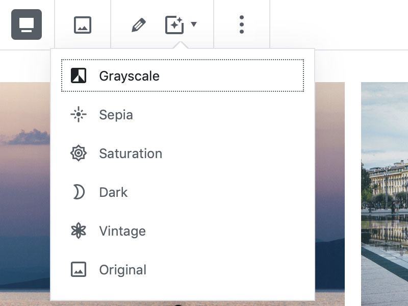 Block Gallery: Apply Image Filter theme wordpress block gallery photo website design minimal clean gutenberg
