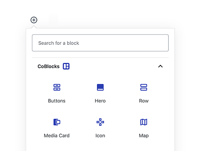 CoBlocks Block Inserter UI block clean coblocks design gutenberg icon material minimal modal react search ui wordpress