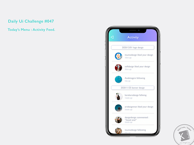 Daily Ui Challenge #047 : Activity Feed. adobe xd dailydesign dailyui dailyuichallenge design everydaycreatives kaholidesign ui デザイン 毎日クリエイティブ
