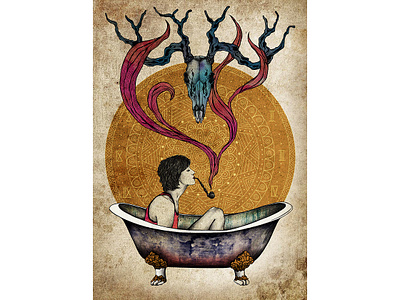 loneliness in the bathroom bath girl graphics horns mandala pipe skull smoke smokes woman