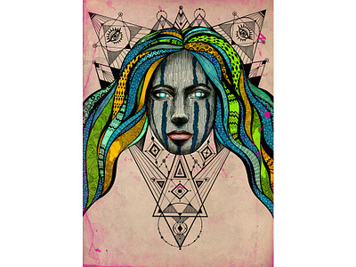 Proud Shaman blind colored hair ethno art geometry graphics pattern sacred geometry shaman stylization woman