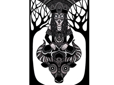 Priestess black and white branches bull bull buffalo decoration girl graphics shaman trees woman