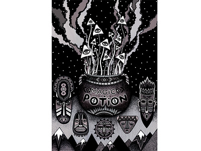 Magic Potion black and white cauldron ethnics eye graphics magic potion masks mushrooms sky stars