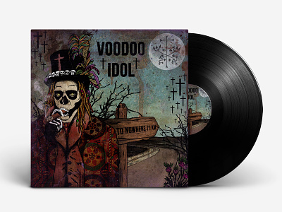 illustration for the band "VOODOO IDOL" branches cigar cover crosses designcover designmusiccover grunge illustrationcover moon music cover pointer road shaman skeleton skull smokes top hat wilderness