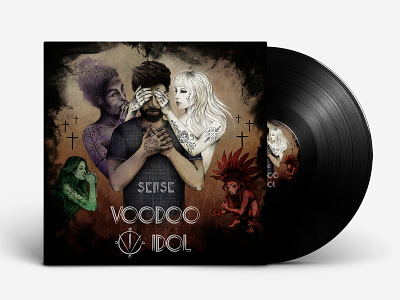 cover for a single "SENSE", for the group "Voodoo Idol" black smoke closed eyes cover cover art cover artwork cover design crosses demons design art design music cover ghosts good and evil grunge illustration cover man music cover shaman smoke tattoo tattooing