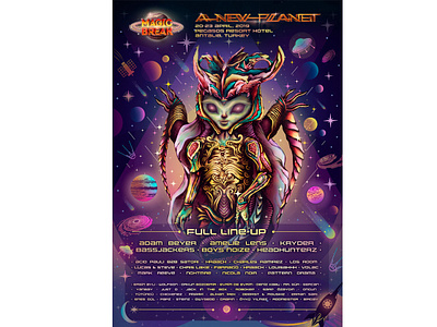 Poster for the festival of electronic music "New Planet alien character comet cosmos design art planet planets poster poster art poster design poster illustration rocket saturn space stars ufo