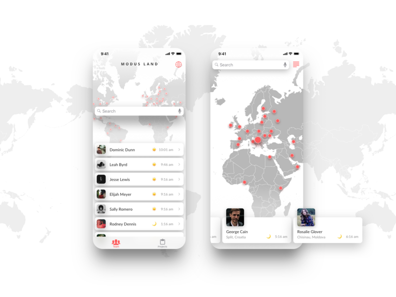 Modus Land App app collaboration digital nomad distributed ios iphone list map mobile mobile app people remote remote work team ui