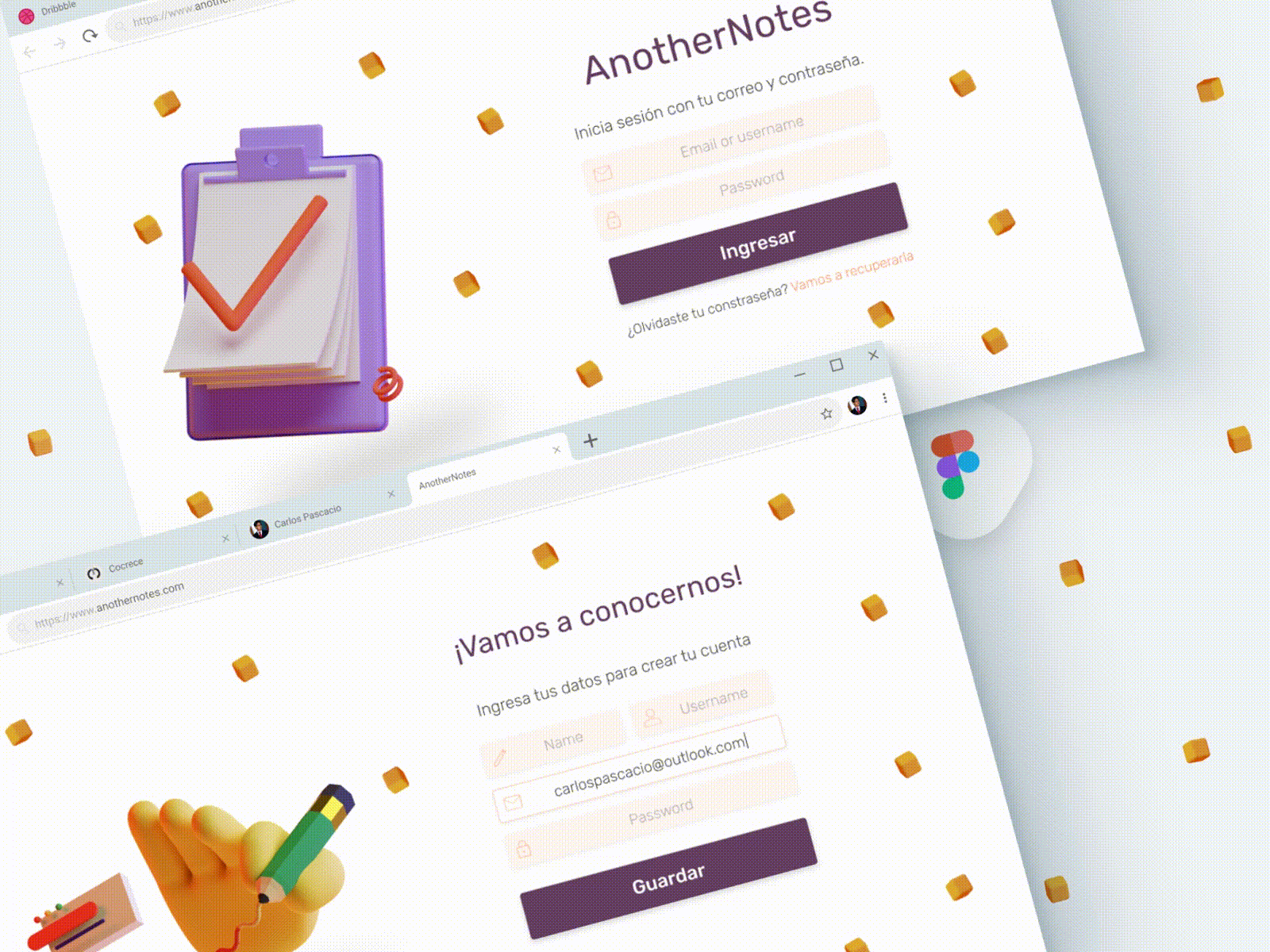 AnotherNotes 3d clean cube design figma form lighting mobile first movement notes orange particles responsive sign in signup simple space tasks violet