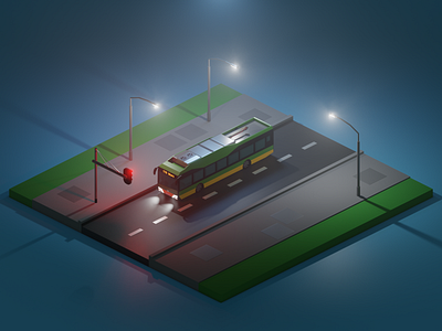 City Bus at Night 3d blender bus city diorama fog illustration isometric low poly lowpoly night