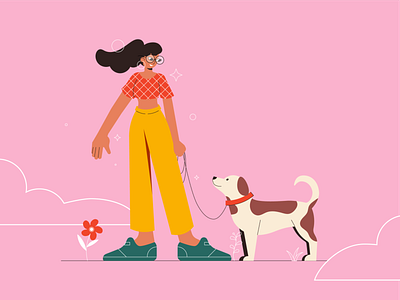 Woman with a dog colourful corporate design dog flat floral illustration minimal vector