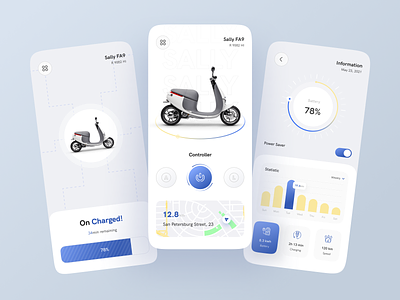 Electric Motorcycle Mobile Apps app artificial intelligence blue card chart clean clean design clean ui design electric motorcycle mobile app mobile ui motorcycle ui ui design uiux yellow