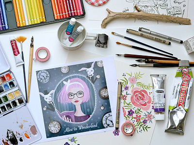 Alice in Wonderland alice in wonderland aquarel brush drawing flowers girl illustration liner pen rabbit watercolor