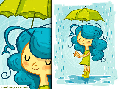 Green Rainboots art boots character child cute girl green hair illustration kid rain umbrella