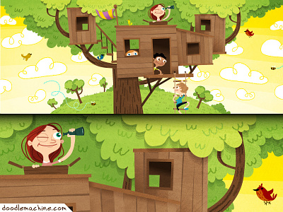 Treehouse art boy cartoon character drawing girl hous illustration kids playing tree treehouse