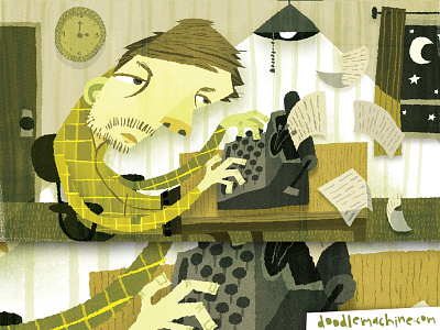 Night Type art author book cartoon character drawing illustration illustrator insomnia night painting scene story tired typing vector weird whimsical writer writing