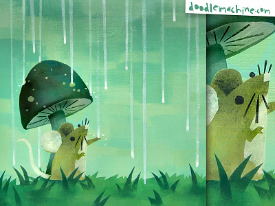 Rainy Day For Mr. Squiggles art cartoon character commission critter cute drawing forest freelance illustration illustrator macro mouse mushroom painting rain story umbrella whimsical