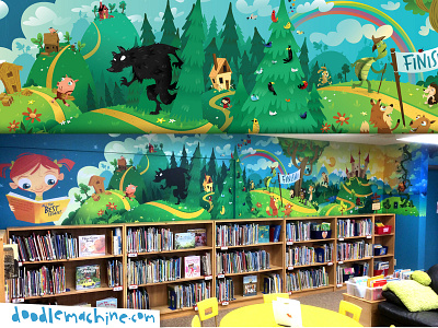 Children's Library Mural art beanstock cartoon character childrensbook commission cute drawing fairytale fantasy freelance illustration illustrator library mural painting reading story whimsical wolf