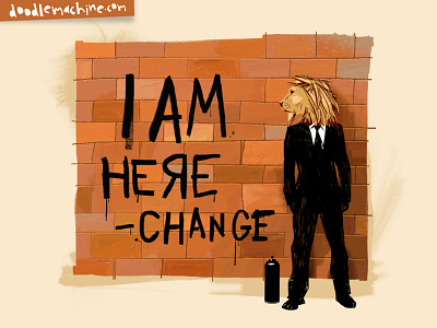 I am here art artrage business businessman change conceptual design doodle doodlemachine drawing freelance graffiti illustration lion man typography wall wallart whimsical