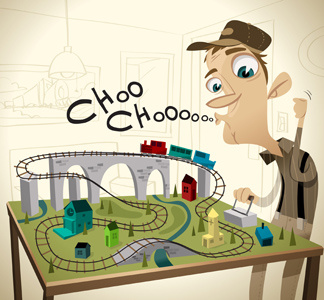 Manwithtrains art cartoon character choo commission design doodlemachine drawing funny hobby illustration man mascot playing robot toy train vector website young