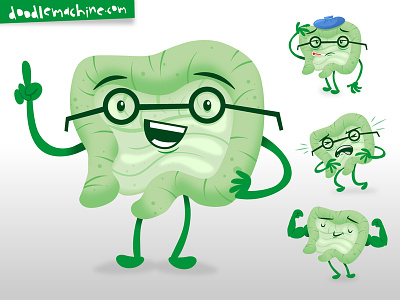 "Gut Guy" art cartoon character commission cute freelance gut health healthy illustration illustrator logo mascot microbiome pain probiotic sick smart stomach strong