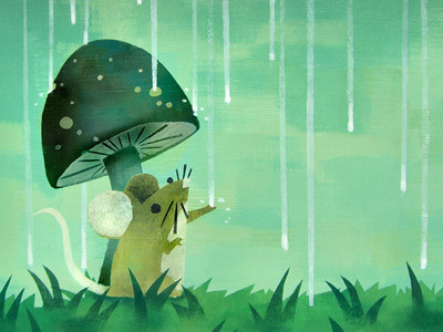 Rainy Day for Mr. Squiggles art book cute drawing green illustration mouse mushroom painting rain scene sitting story