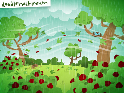 Windy! art cartoon clouds commission cute drawing freelance illustration illustrator rose rosebush scene spring storm story trees vector weather whimsical wind