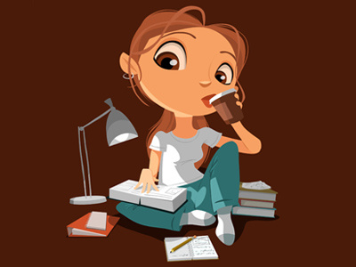 Cramming art beautiful cartoon character coffee college commission drawing freelance girl illustration illustrator mascot reading relaxed sitting smart student study university vector young