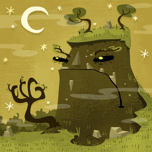 Earth Monster angry art cartoon character cliff commission cute dirt drawing earth freelance grass hill illustration illustrator land moon mountain nature night rock scary scene star textured tree vector whimsical