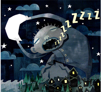 Sleep walker, moon stealer art cloud collage drawing forest giant house illustration moon mountain night ocean painting sky sleep star town tree water wave