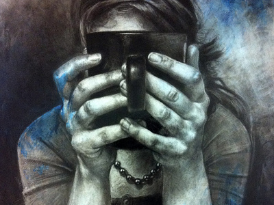 Mug Shot charcoal drawing hands mug portrait