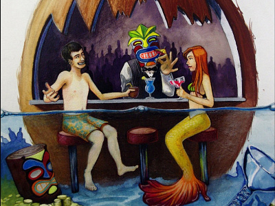 Bartender Magazine Cover alcohol bartender colored gouache illustration mermaid painting pencil tiki