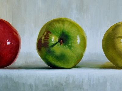 Three Apples apple canvas green oil painting red still life yellow