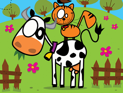 cow and cat animal black white cat child children cow farm flower green illustration illustration design illustration digital poster school story storyboard storybook storytelling tree