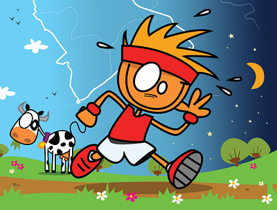 runner belgian landscape bleu cartoon cow cute day design drawing eyes green happy illustration marathon night pieloot red roparun runner running sports