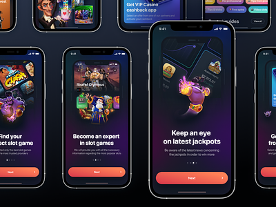 Slot Guides. Mobile app design. Onboarding screens app casino design designer game games illustration mobileappdesign slots slotscasino ui