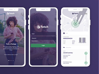 Fetch - Parcel Tracking ios ios app ios app design ios application location app location tracker parcel delivery purple shipping splash screen