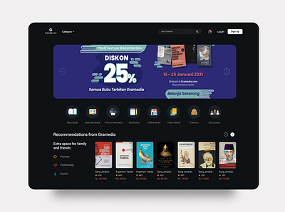 Gramedia Website Redesign Dark Mode Version design interaction design interface minimal typography ui ux web web design website