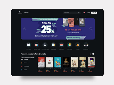 Gramedia Website Redesign Dark Mode Version design interaction design interface minimal typography ui ux web web design website