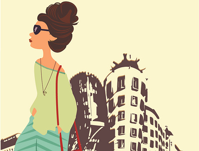 A woman standing beside Dancing building character design illustration