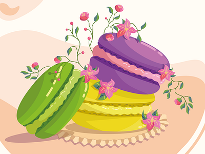 Macaroon & flowers 2d art bakery baking cafe cake cake shop cookies design dessert flat flowers food illustration illustrator macaron macaroon pastry sweet vector