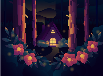 Cosy house in dark forest 2d design flat flowers forest home house illustration illustrator mountain trees vector village warmth