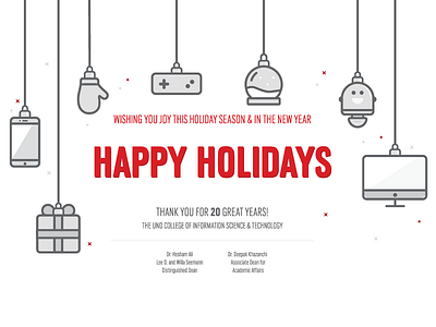 2016 Holiday Card games gift globe happy holiday university icons mac ornaments phone robot technology vector