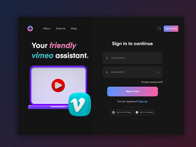 Vimeo Assistant Sign In Page 3d audio enjoy login register sign in sign up ui uiux ux video vimeo