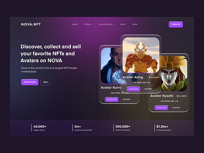 NOVA NFT MARKETPLACE 3d avatar cryptocurrency design ethereum figma instagram landing page like minimal neon nft nfts opensea ui ux