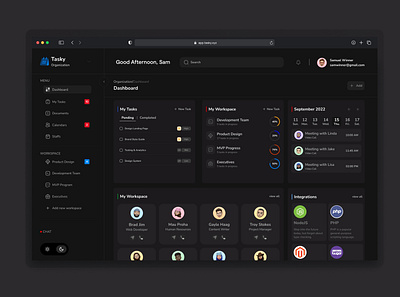 Tasky Dashboard - Dark Mode dashboard hashtag trending ui uiux uiuxdesign user interface ux