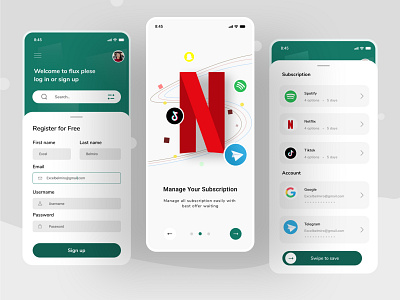 Subsription management mobile app android app branding card cards chat clean clean ui ios login management mobile mobile app password profile registration sign up ui uiux ux
