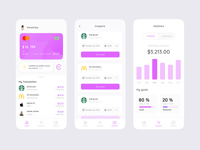 Mobile Banking app Design account banking banking app card chart clean coupon coupons credit card crypto financial financial app fintech graph ios mobile money profile transaction transactions