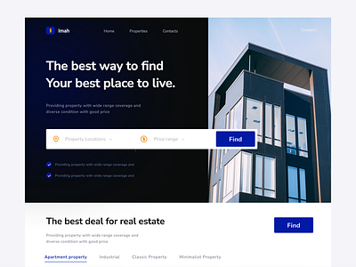 Real estate agency website apartment blue clean dark home house real estate ui web design white