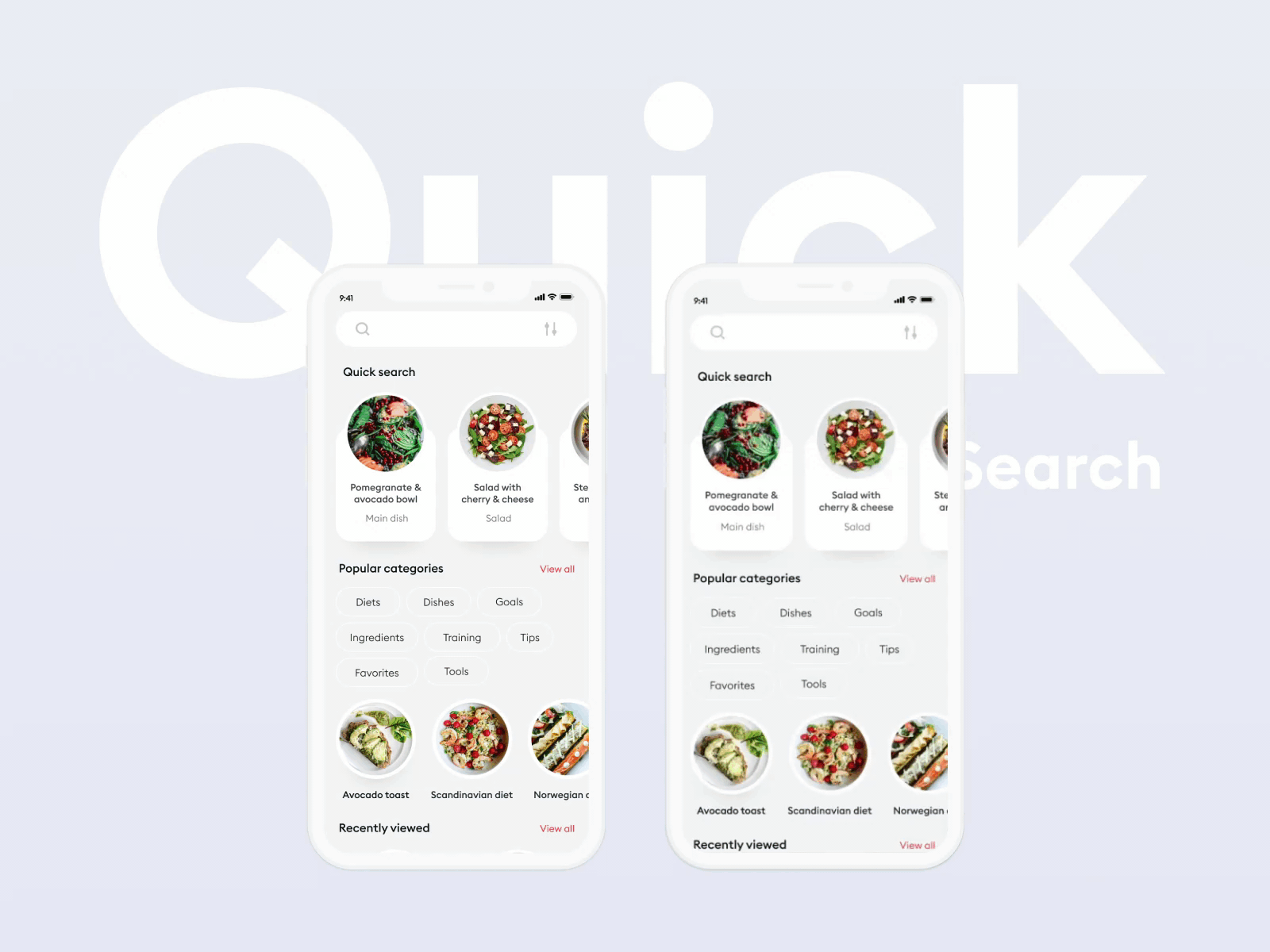 Food & Fitness app – 05 Search after effects animation app categories concept design dietary figma fitness food health minimal mobile motion motion graphics product design search sport ui ux