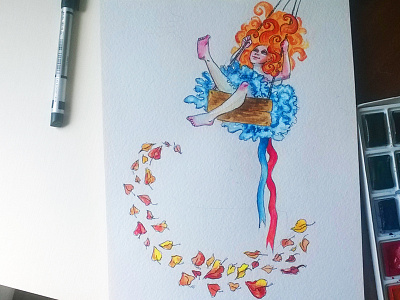 Swing fall foliage ginger girl hair watercolor